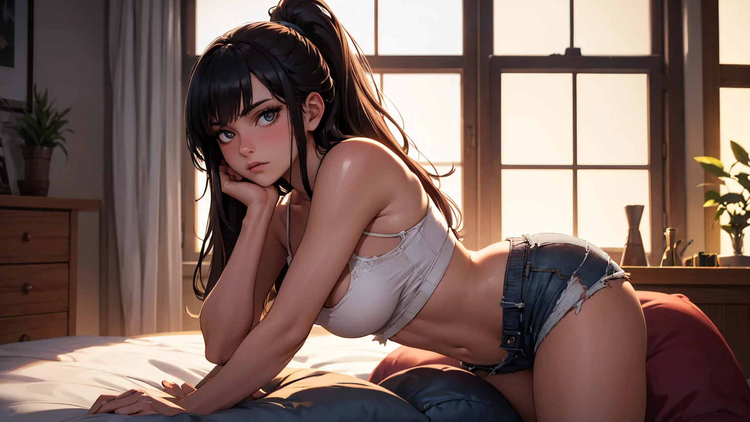 Create a high-quality, detailed image of a beautiful anime girl with long, flowing hair and intricate details. She is peacefully asleep on her bed in her cozy gaming room. She wears a snug tank top that barely conceals her nipples, and sexy panties, highlighting her stunning curves. The warm, inviting scene includes soft ambient lighting, comfortable seating, and plush bedding, with the room illuminated by a small, glowing lamp. The gaming room features posters, a high-end PC setup with RGB lighting, and various gaming accessories. The overall atmosphere is serene and intimate, with vibrant colors and natural lighting creating a photorealistic effect.