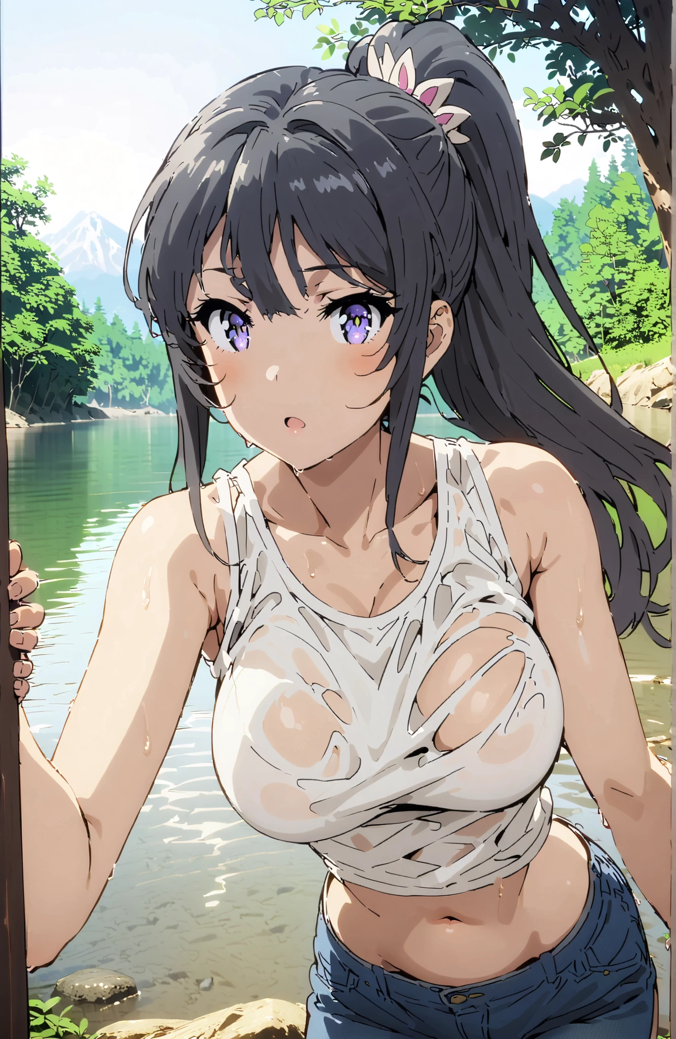 score_9, score_8_up, score_7_up, source_anime,
household,
Mai Sakurajima, Bang, black hair, hair ornament, purple eyes in gla,side lock with s2 co,ponytail,Big Breasts,tank top,tank topの裾を縛る,belly button out,denim micro shorts,see through,wet hair,wet clothes,wet skin,river遊び, playing in the water,river,forest,Mountain,Submersion,full bodyがイラストに入るように,in their 40s looking at viewer,full body,
in their 40s outdoors,nature,
in their 40s (masterpiece:1.2), best quality, high res, Unity 8Kの壁紙, ( 's art :0.8), (beautiful detailed eyes:1.6), very detailed face, perfect lighting, very detailed CG, (perfect hand in h, Perfect Anatomy),
