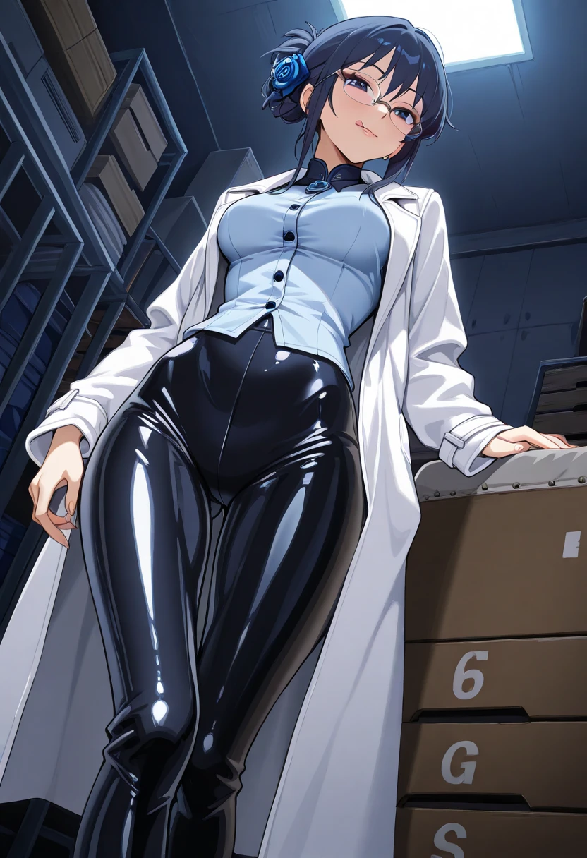 Erotic、Bedroom、naked、Glasses、A woman with a penis growing out of her crotch、semen、Sweat、、Troubled expression、Grab your dick