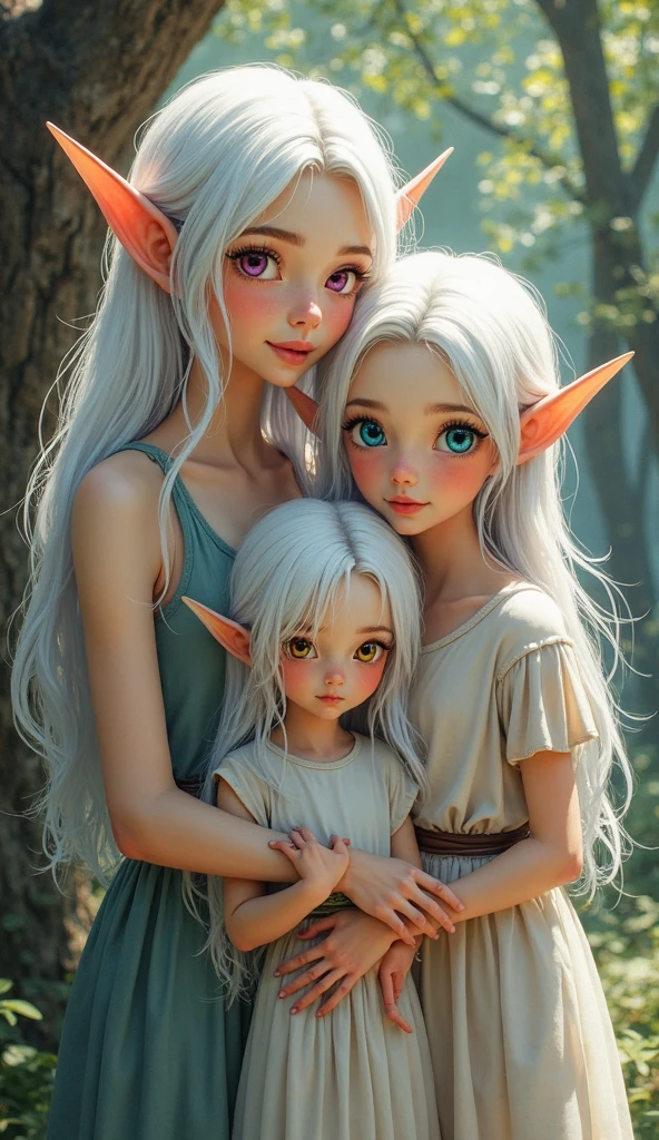 Three baby elves: identical triplet girls with white hair, pointy ears, blue eyes, and pale skin, wearing light purple onesies while lying in a wooden crib with plush pillows in an elvish Woodland palace