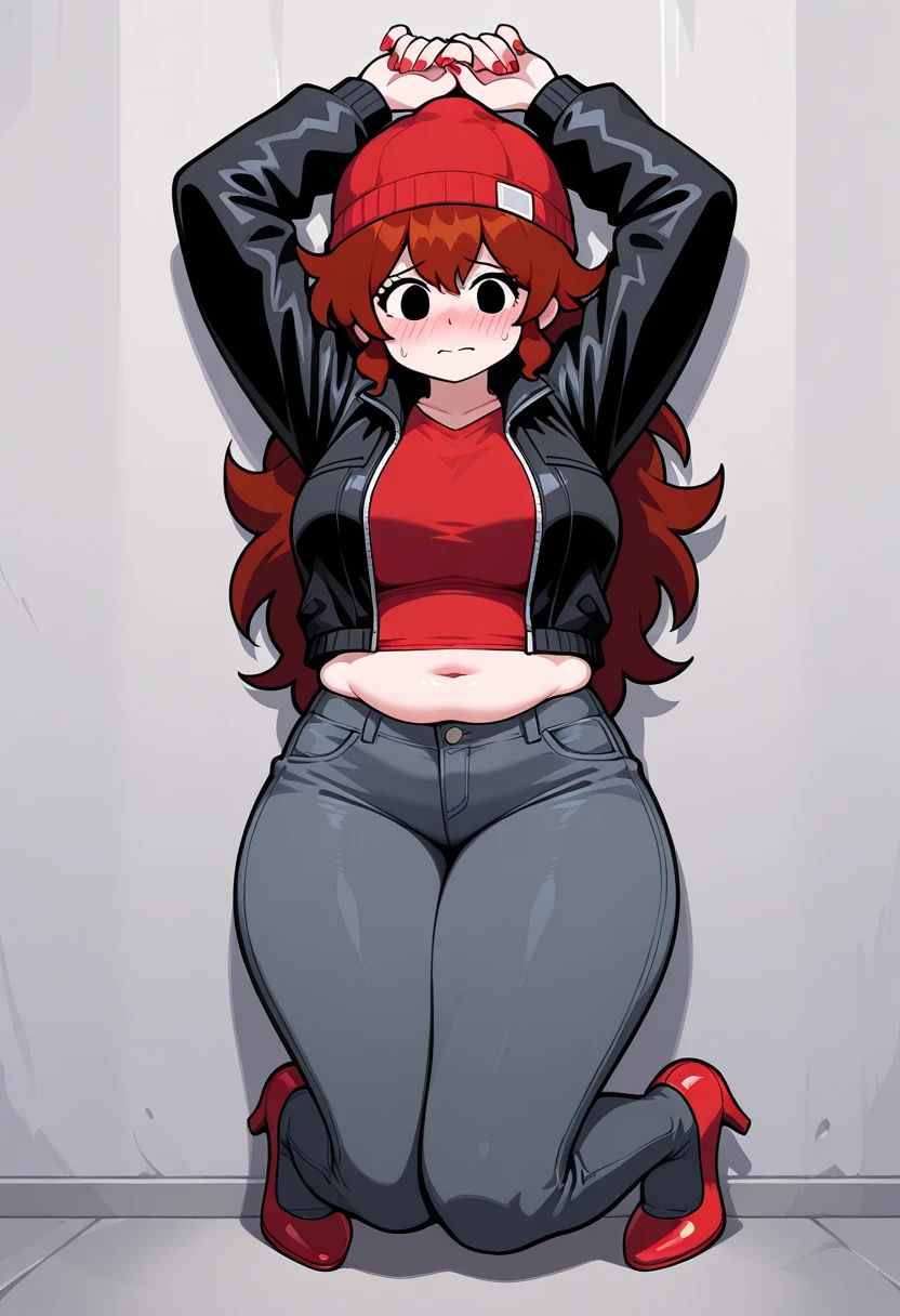 1girl, red hair, absurdly long hair, yellow horns, hair over one eye, hairband, large breasts, hooded jacket, loose clothes, black pants, tight, (black hoodie:1.5) (open jacket)<hypernet:hekapooSTVFOE_hekapoo:0.9>