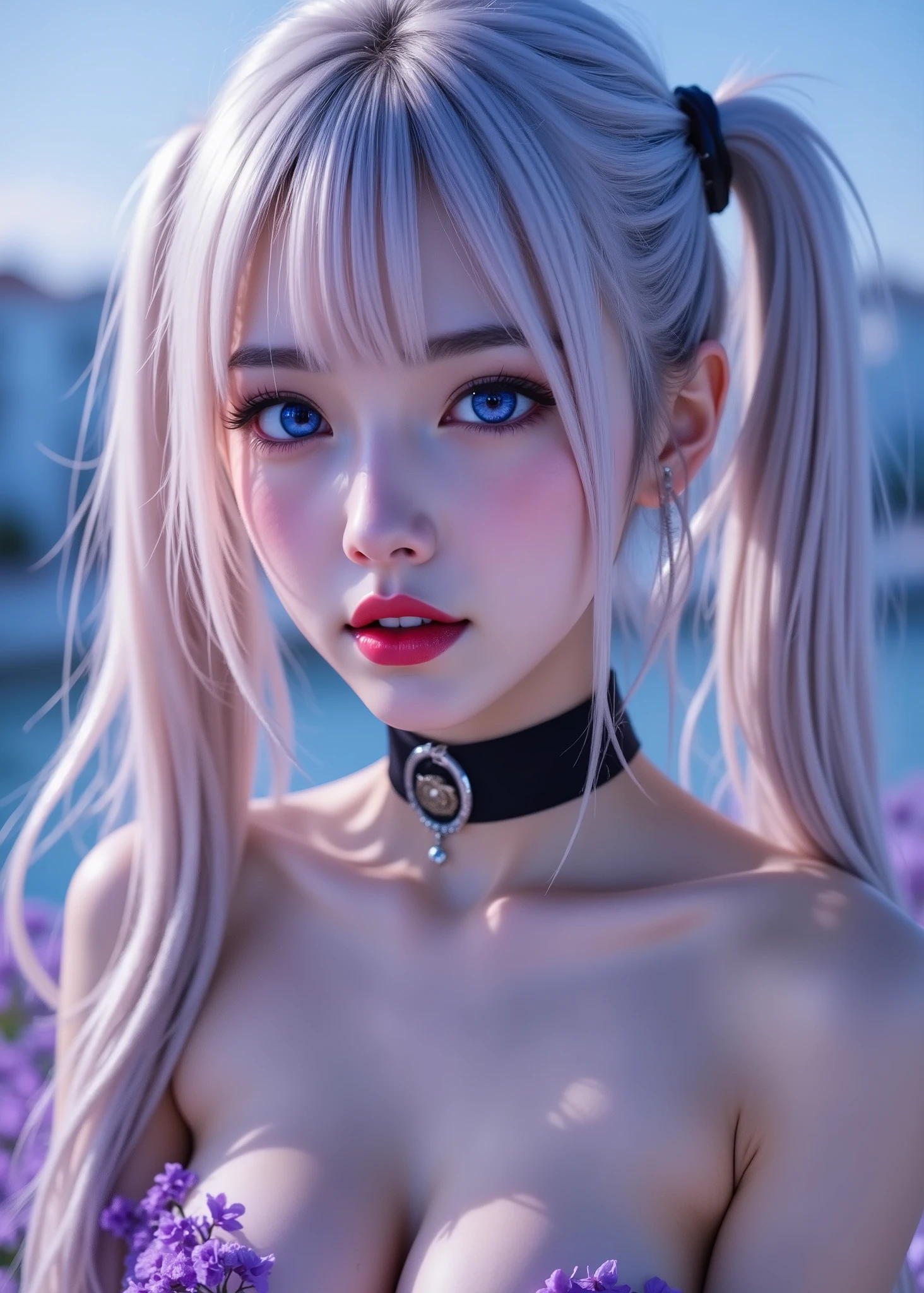 ung woman in anime style、Realistic Girl. white gothic ta 、Her lips are red, and she's wearing a black choker with a metal ring in the center,silver gold hair with twin tails、 soft white neon lighting, blue and purple reflected on her face, in the center of the curry, Light purple flower field, Abstract Light、
