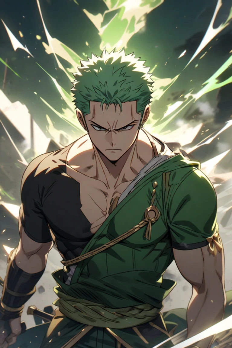 score_9, score_8_up, score_7_up, score_6_up, score_5_up, score_4_up, zoro, green hair, scar over left eye, sword in mouth, intense expression, confident, determined, strength, 43stl1ght1ng, low light, dramatic lighting, darkness, eye lighting, smoke, red light