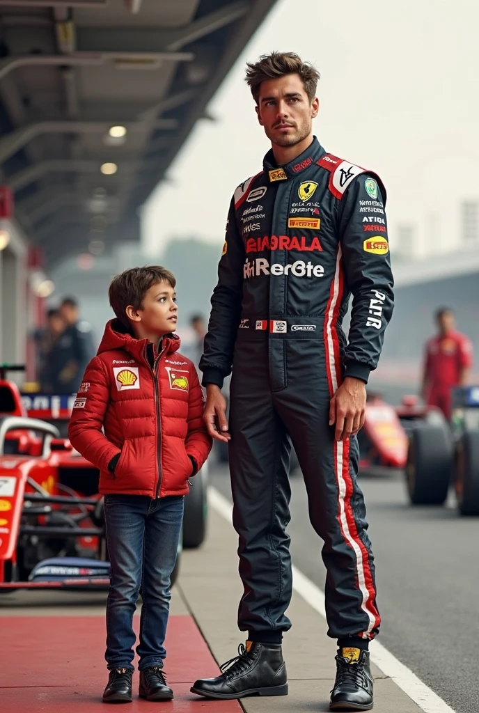 "In the image, there are two racing driver stands next to the car. One is around 40 years old with six packs, and another one is a kids around . The background is a racing circuit.