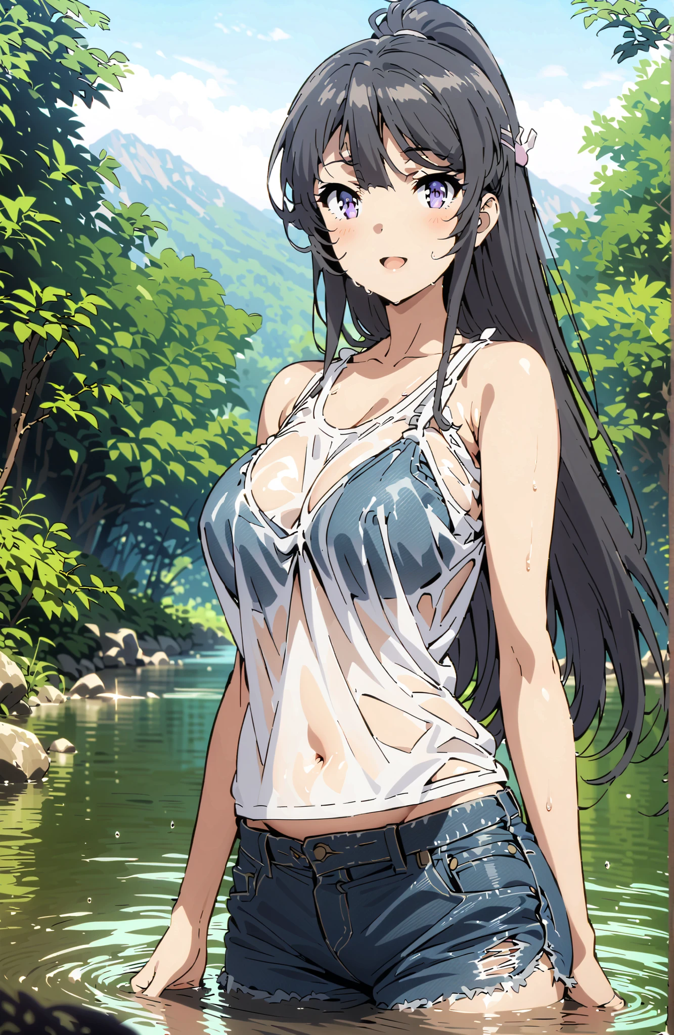 Mai Sakurajima, Bang, black hair, hair ornament, purple eyes in gla,side lock with s2 co,ponytail,Big Breasts,smile,blush,open your mouth,standing,tank top,tank topの裾を縛る,belly button out,denim micro shorts,see through,wet hair,wet clothes,wet skin,river遊び, playing in the water,river,forest,Mountain,Submersion,full bodyがイラストに入るように,in their 40s looking at viewer,full body,
in their 40s outdoors,nature,
in their 40s (masterpiece:1.2), best quality, high res, Unity 8Kの壁紙, ( 's art :0.8), (beautiful detailed eyes:1.6), very detailed face, perfect lighting, very detailed CG, (perfect hand in h, Perfect Anatomy),