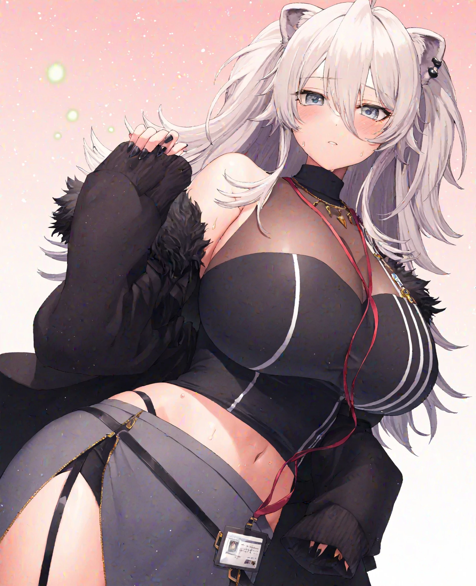 best quality, masterpiece, ultra-detailed, illustration, dynamic pose, 2B ,type2b,black_blindfold,black_hairband,cleavage_cutout,white_hair, (perfectly proportionate body), eyeliner, tired,wearing a leather jacket, adorned with studded accessories, platform boots, layered necklaces, bold patterns, (torn fishnets), dramatic makeup, black nail polish, oversized rings, chains and buckles, black lipstick, busty body, wearing a crop-top, close-up shot, glossy lips, cinematic lighting, volumetric lighting, vibrant colors, ray tracing,