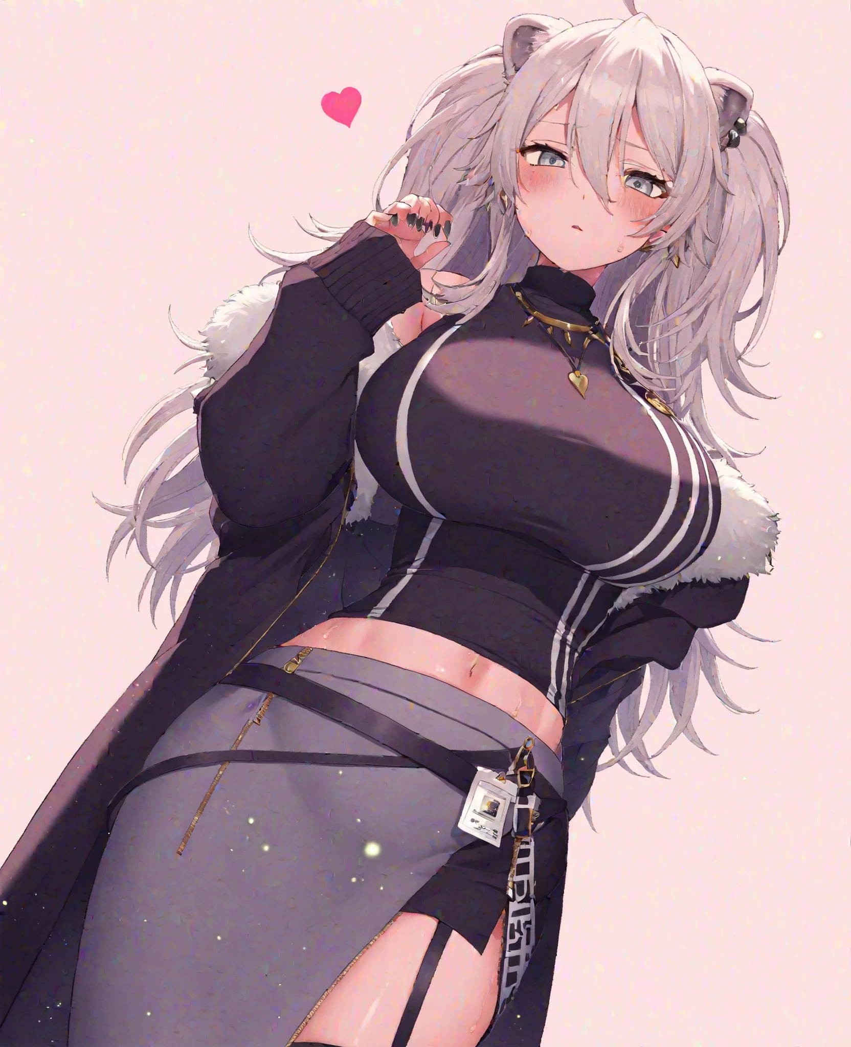 masterpiece,highest quality,Highly detailed face,fine grain,Sparkling eyes,Highlighted eyes,Medium chest,pretty girl,smile,Cat ear,Beautiful silver hair,Pink inside,Beautiful pink eyes,Oversized shirt、skirt、black tights,Flower storm,Waterfront
