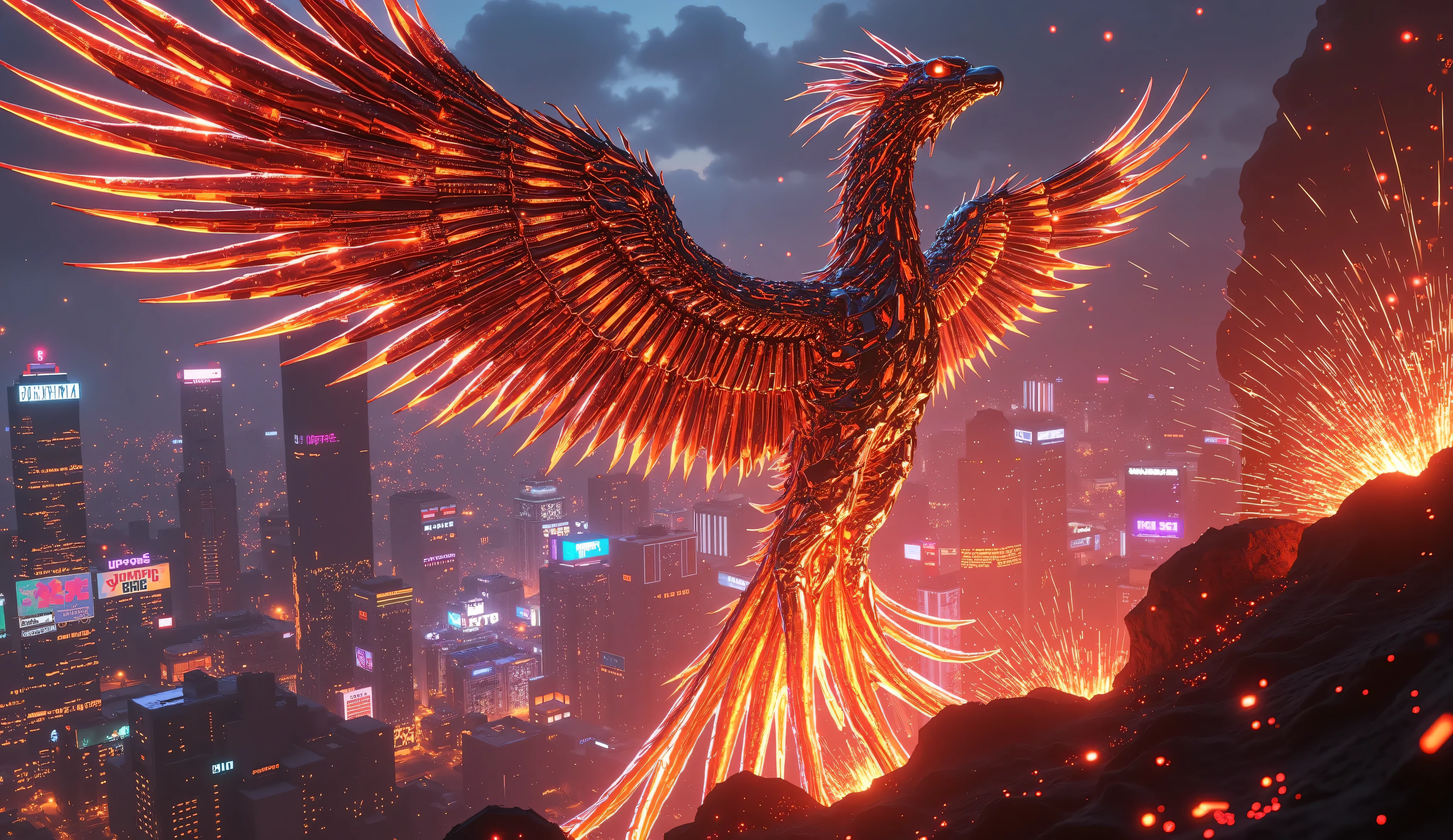 metal phoenix, futuristic cyberpunk city, rising from ashes in a dramatic rebirth, surrounded by neon skyscrapers and glowing signs, dystopian smog-filled skyline, cinematic backlighting with sparks and plasma glow, by Syd Mead and H.R. Giger, cyberpunk concept art, digital painting, fantasy sci-fi illustration, glowing red-orange and electric blue color scheme, Unreal Engine render, trending on ArtStation, ultra-detailed, cinematic quality, masterpiece, 8k, HDR, intricate, dramatic lighting, fire particles, flying sparks, night setting
