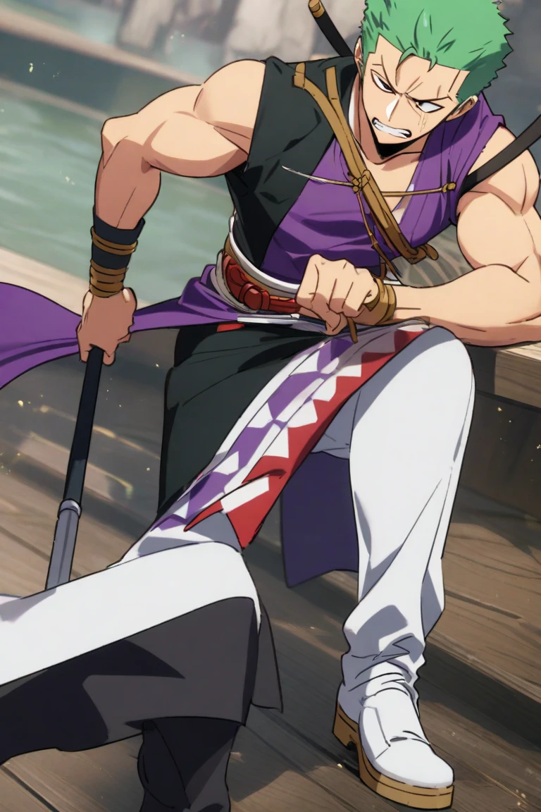 1man, muscular mature, pirate, green headscarf, gray hair, headscarf with asymmetrical bangs, blue 1eye, black eyepatch, short hair, tanned skin, tough, ordinary, forehead, asymmetrical medium bangs, handsome dude, ideal ratio body proportions, BREAK solo, red waist cloth, purple arabian pants, white sleeveless shirt, loose fitting shirt, tented shirt, medieval, soft smile, in jrpg style, 1990s, masterpiece, best quality