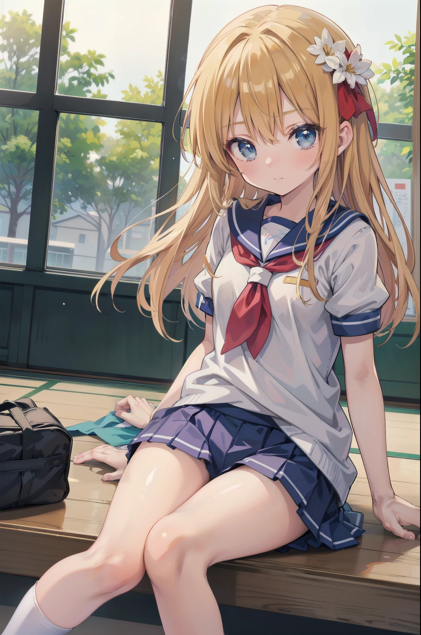 one person!!、Baby Face、Innocent face、human、Smiling 6 year old girl、Long Hair、Blonde!、With bangs、small、1st grade elementary school students、Big eyes、barefoot、black eye、cute、Spread your legs、Are thin、凄くsmall胸、身長のsmall、体のsmall、Short legs、、Are standing、School、Schoolの制服、Short sleeve、Bare Skin