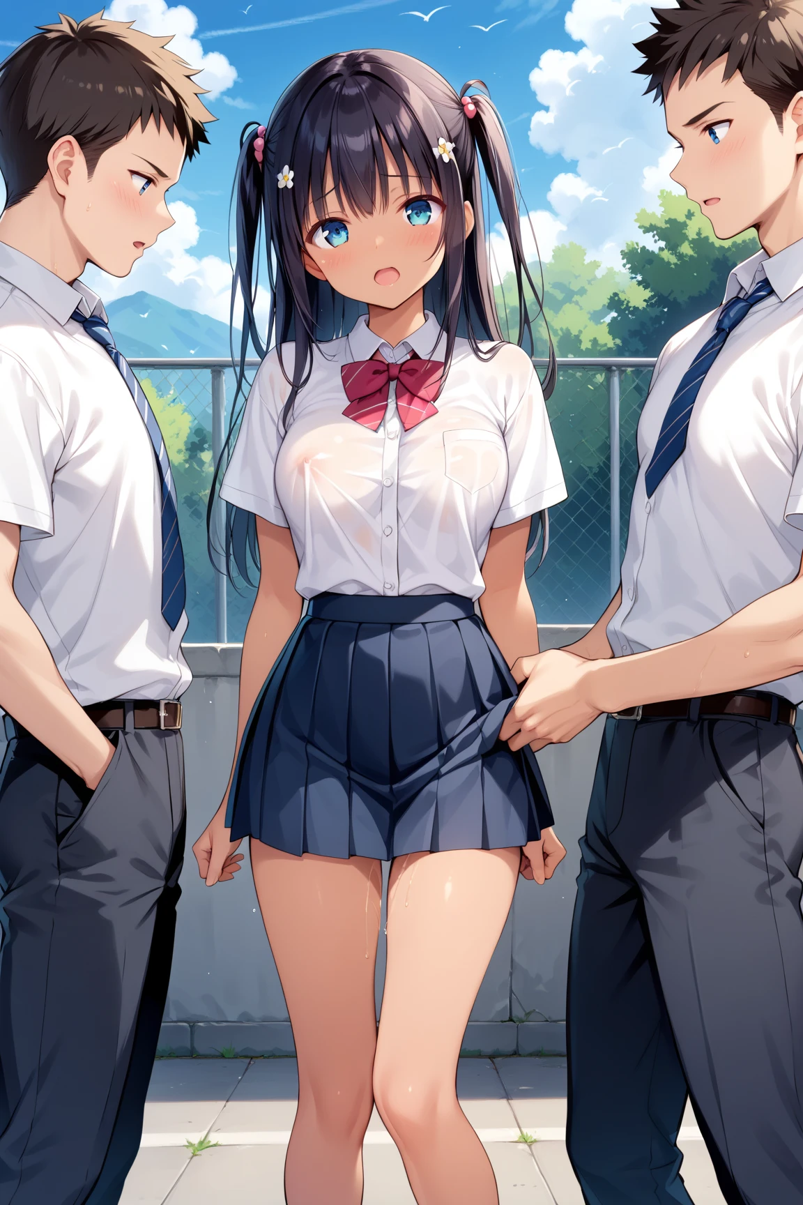 Big Breasts、A girl in a white gym uniform with erect nipples、Navy blue bloomers with a clearly visible slit、barefoot、classroom、A boy in uniform with an erection、Three boys fondling a girl's breasts