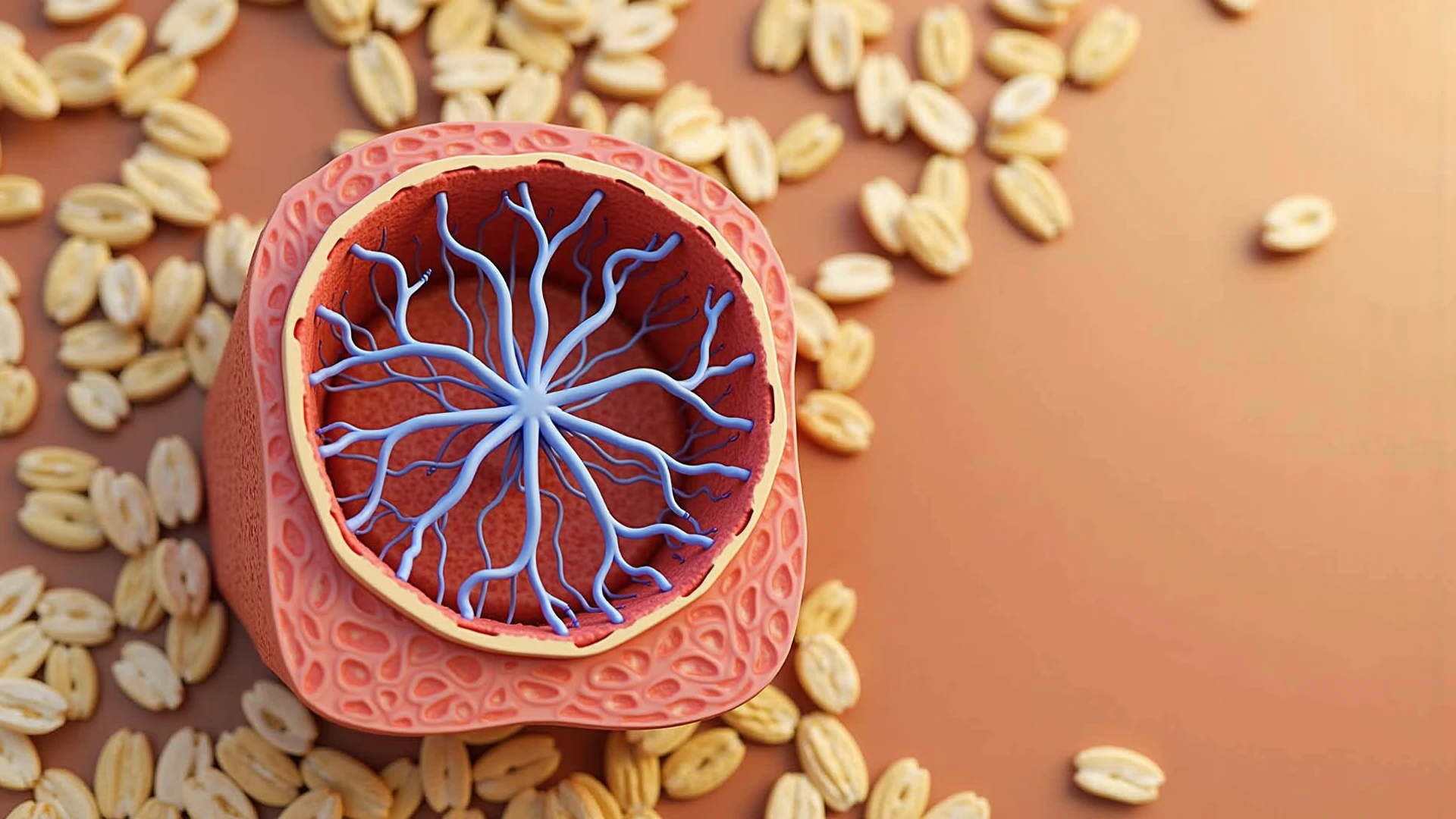 A medical illustration of a cross-section of artery, narrowed by plaque buildup, reducing blood flow. the plaque is shown in yellow.
