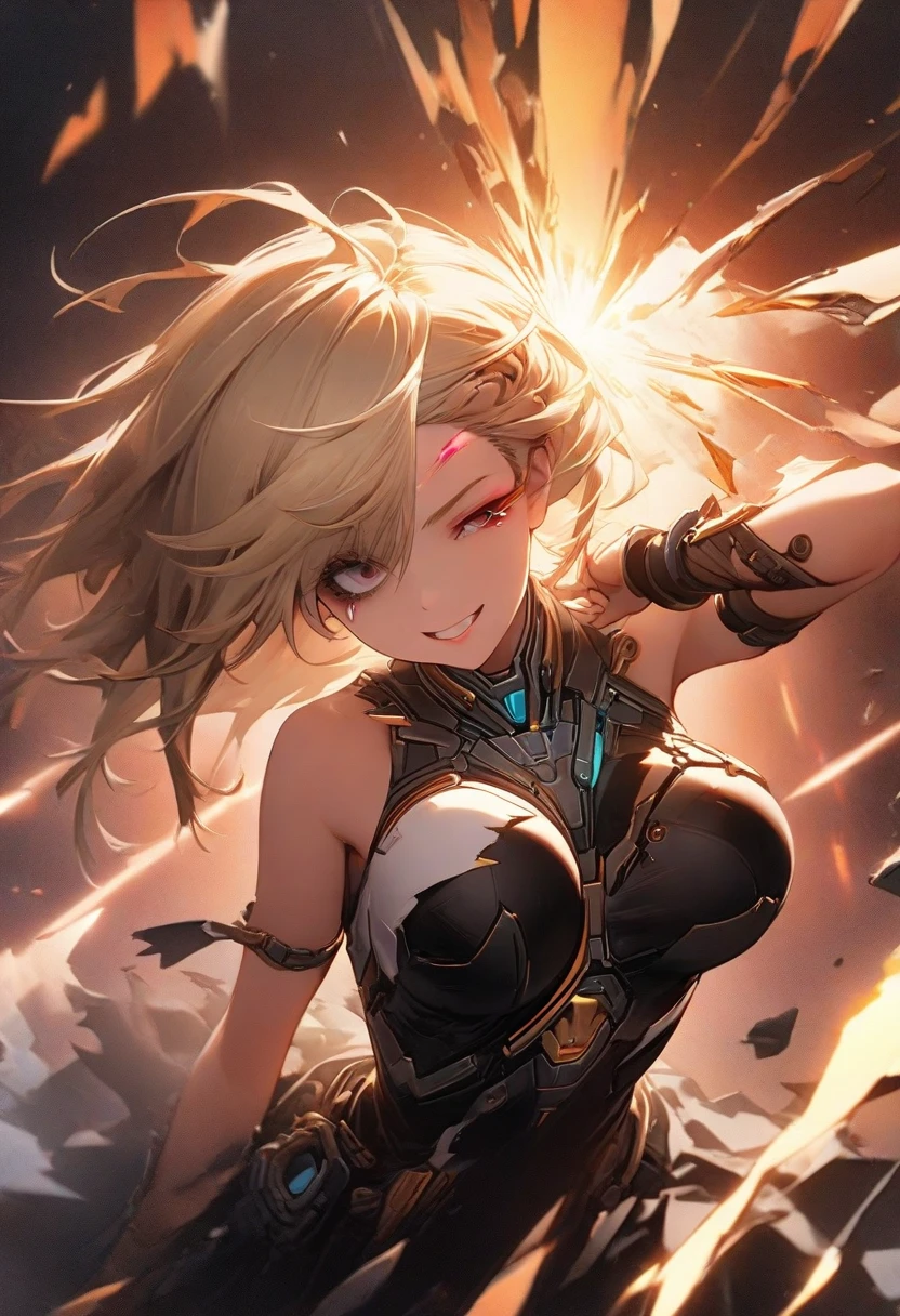 top-quality、Top image quality、masterpiece、Teenage girl((black mechanic body、Shining red body line、Black Bikini Armor、18year old、 Ager、Best Bust、big bast,Beautiful light blue eyes, Long Blonde Hair、A slender,Large valleys、Reflecting the whole body、black mechanic helmet、Black visor、mechanical red sword、Black wings、rear cable、mid air、flying though the air,fighting poses)),hiquality、Beautiful Art、Background with((research complex、Mechanical Laboratory、bio research、Burning ground、Fire Dragon))masterpiece、depth of fields,Anime style