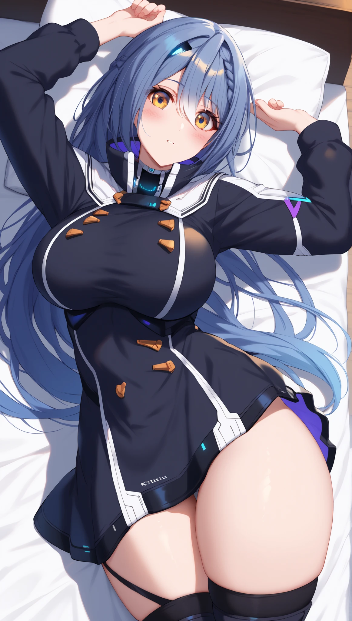 masterpiece,best quality, amazing quality, highres, absurdres, very aesthetic, high resolution, ultra detailed, perfect details,score_9, score_8_up, score_7_up, score_6_up, score_5_up, score_4_up, Etra, blue hair, long hair, yellow eyes, white streaked hair, braid, hairclip,Vt_2nd,short dress, black dress, long sleeves, garter straps, thigh boots, black footwear, high collar, ,, mature female,thick thighs,wide hips,bed room,large breasts,curvy figure,,thigh focus,lying on one’s back, arms up,big eyes,embarrassed,parted lips,sagging breasts