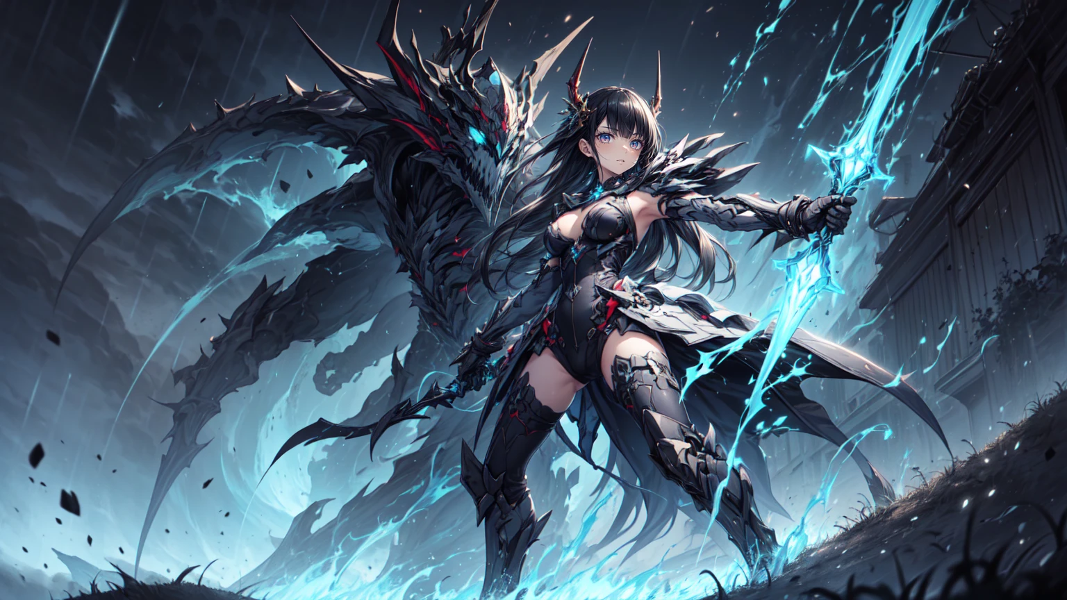 (Tabletop),  whole body, Knight of the Mechanical Life Form, Feminine body type, Black Armored, Holding a scythe, Red Six Eyes, Fangs facing large jaws, High heel boots, Mechanized limbs, White Background, whole body, Standing in the Wilderness
