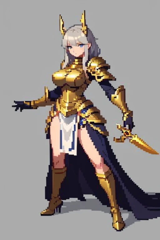 (masterpiece, top quality, best quality), pixel,pixel art,1girl,huge breast,yellow hair, wearing silver armor,hold a sword,full body,