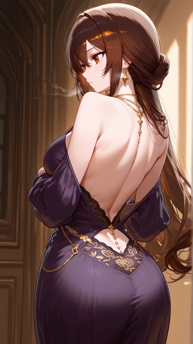 Create a captivating portrait of a woman, Showcasing her beauty and grace in every detail. The painting should embody the essence of sensuality and allure, With the woman dressed in an elegant gown, adorned with intricate patterns and shimmering fabrics. Her long, flowing brown hair cascades down her back, Framing her shoulders and accentuating her curves. Her deep-set, enchanting brown eyes radiate an intense, mesmerizing gaze. Her rosy lips curl into a faint, seductive smile.

Intricate tattoos adorn her arms and torso, Adding an edgy and mysterious touch to her refined appearance. The woman's