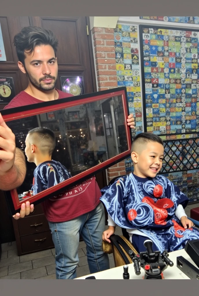 Criar uma cena inspirado na Pixar de um homem cortando o cabelo de um menino em uma barbearia, diversos cortes de cabelo, insistiu em cortar na fila, corte de cabelo raspado, corte de cabelo elegante, 1614572159, Carregado, O corte Hime, corte de cabelo moicano, full head, menino tem cabelo preto curto, 2 anos, Asher Duran, sharp highlights, cortar, 4 anos de idade