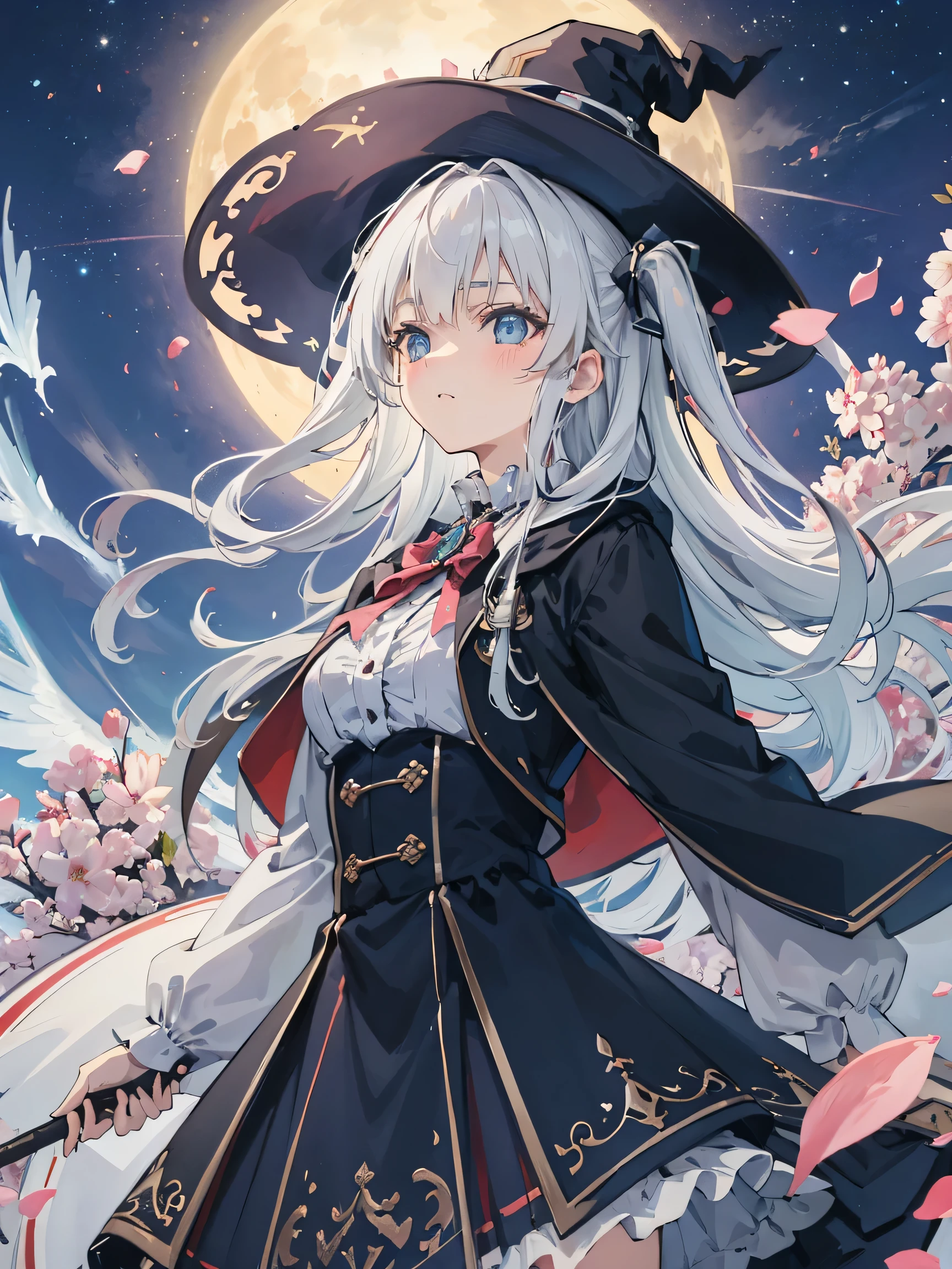 (score_9, score_8_up, score_7_up), source_Anime, absurd_res, white, blue, black, 1girl, solo, upper body, super fine illustration, an extremely delicate and beautiful, best quality, masterpiece, 8K, Walpurgis night setting, standing in hell, gentle breeze, moonlight, Wandering Witch the Journey of Elaina, long silver hair:1.3, two side up:1.2, blue eyes, hair ribbon with black, ample breasts, open clotch, wizard frilled dress with black, wizard cloak with black, flared skirt with black, witch hat with black, ultra-beautiful girl, fluttering hair, blushing faces:1.3, in heat:1.3, embarrassed reaction, looking viewers, holding a long wizard's staff, dynamic pose, contrapposto pose, soft fabric movement, fluttering petals, warm and bright atmosphere, soft lighting, delicate color palette, detailed clothing folds, flowing hair, lively Walpurgis night vibe, highly detailed rendering, breathtaking composition,