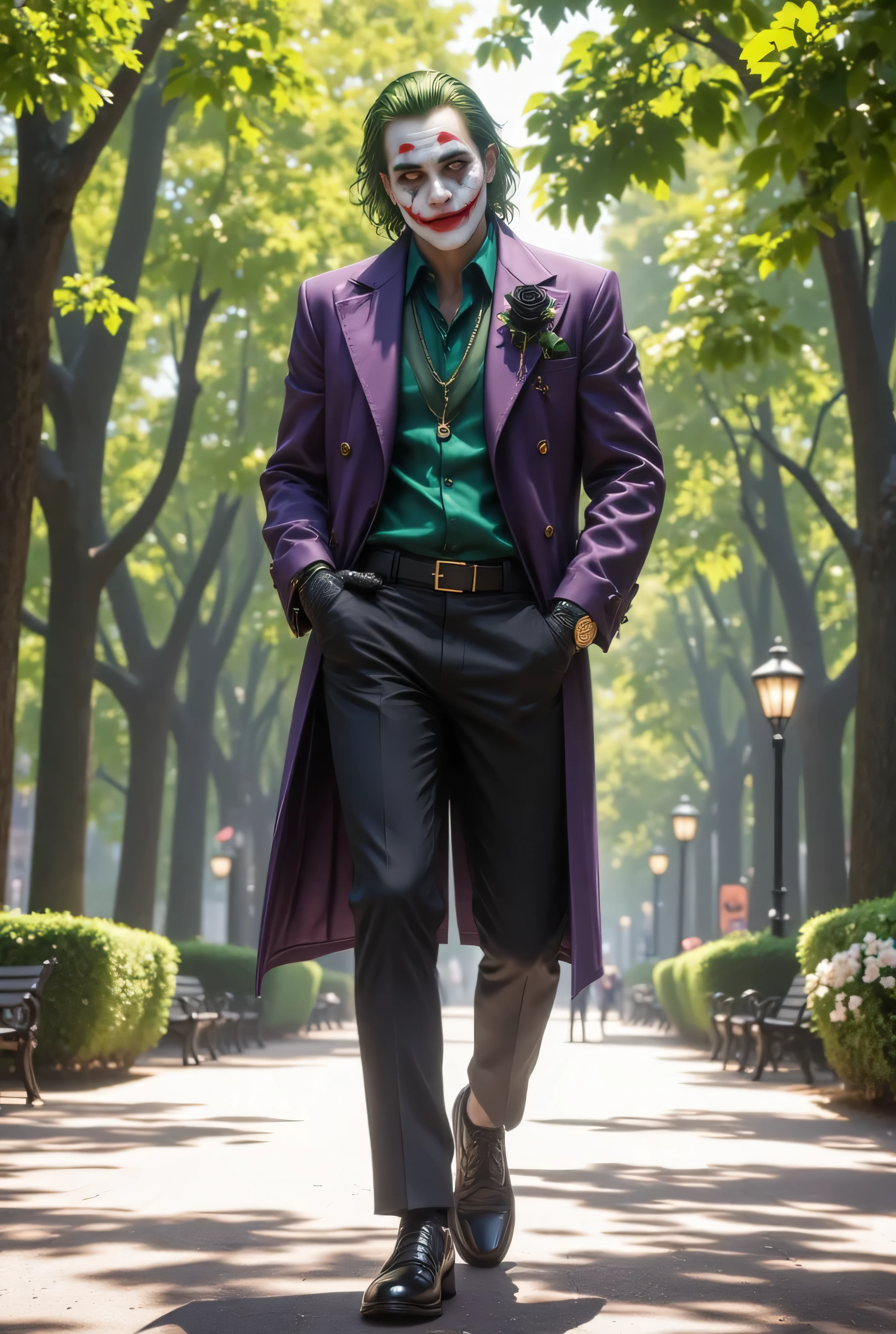 A hyper-realistic, ultra-detailed 8K cinematic image of The Joker standing stylishly in a peaceful public park during the daytime.
The Joker:
He is dressed in a high-fashion, tailored version of his iconic outfit — a deep violet trench coat with sharp lapels, a sleek emerald-green silk shirt unbuttoned slightly at the top, and slim-fitting dark trousers.
He wears black leather gloves, polished oxford shoes, and a gold chain watch peeks from his sleeve.
His green hair is slicked back perfectly, and his makeup is clean and striking — crisp white face, vivid red smile, piercing blue eye shadow. His expression is calm, confident, almost like a model.
A single black rose is pinned to his lapel, adding a romantic but eerie flair.
Environment:
The park is bright and peaceful — sunbeams cutting through tall trees, casting dappled shadows on the ground.
Behind him, the walkway is lined with trimmed hedges, benches, and light floral colors. The atmosphere is calm and almost surreal — as if he's too cool for chaos, just for a moment.
Mood:
Stylish and cinematic. A rare, composed moment of Gotham’s most chaotic figure — cool, fashionable, and hauntingly charismatic.