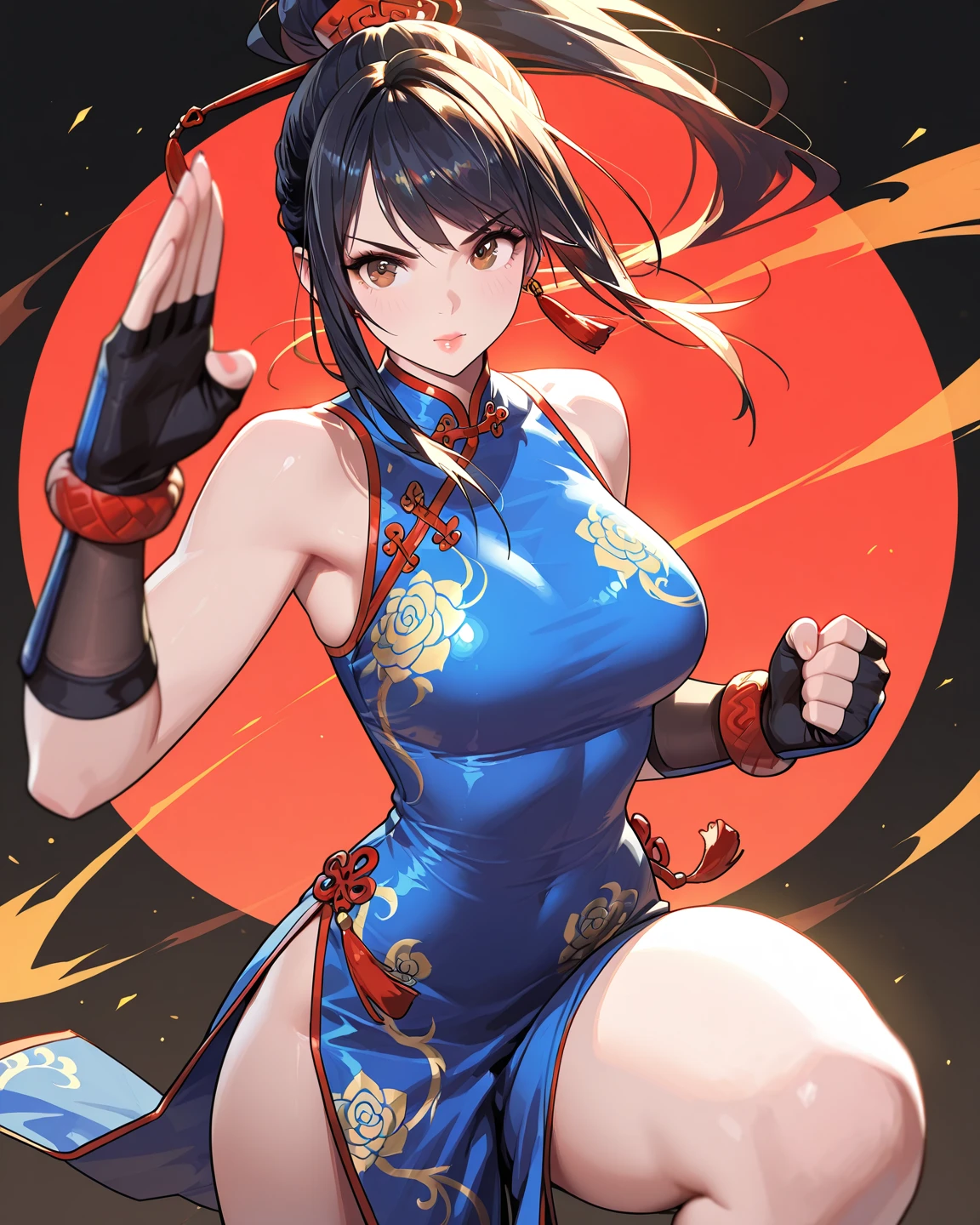 Attractive thighs　A woman wearing a Chinese dress　Large Breasts　Breasts visible from the side　Fighting in the ring　A large amount of squirting is blowing