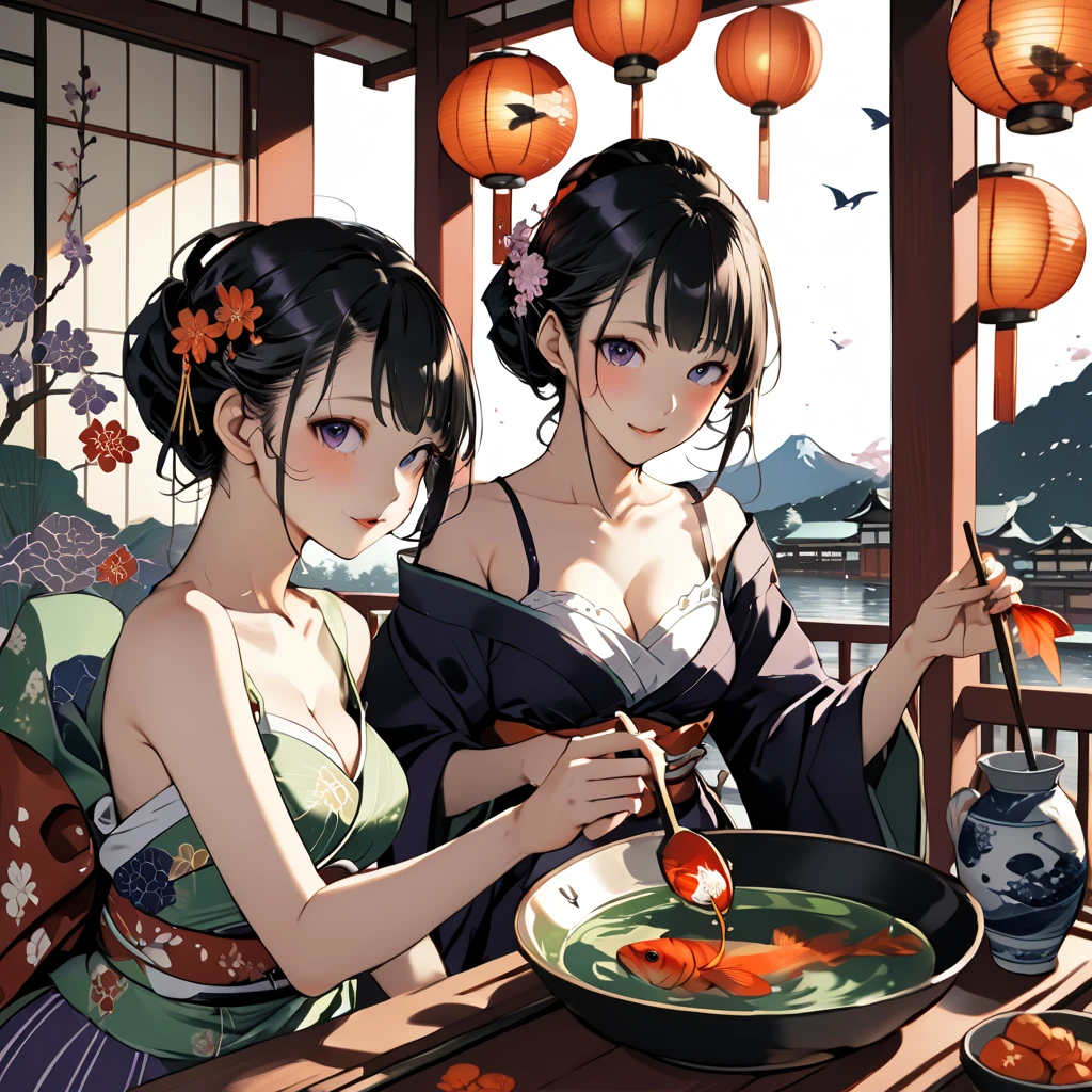 (masterpiece, best quality:1.2), 2girls, upper body, (kimono, bare shoulder), demon horns, evil smile, Japanese old style restaurant, Tatami floor, wooden table