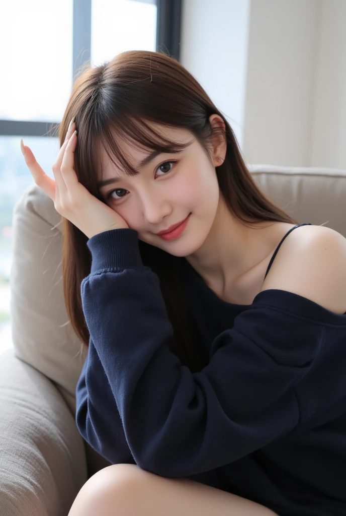 masutepiece, Best Quality,
Ultra-detailed, finely detail, hight resolution, in 8K,
((Photorealsitic:1.4, Raw photography, 超A high resolution,Top image quality: 1.4)),
Wallpaper,
((Perfect whole body configuration1.5)),
((Beautiful detailed eyes, Natural Color Lip、Clean face、Gaze staring at the camera、Lashes、big eye、Distinct double eyelids、Tear mole、glowy skin、Clean skin quality、lipgloss)),
((A big smile:1.5)),
((Random cute hairstyles and hair colors with close-ups)),
((Knitwear with a short length that shows the chest:1.5)),
((Random Color Micro Mini Skirt:1.5)),((large breasts size、cleavage of the breast:1.2)),
((((hands on one's face:1.5)))),
((Sit cross-legged on the bed:1.5)),
((breastsout、under look eyes、Mole on the arm:1.6)),
((from the front side)),
((Random blurry background)),
((Random and cute facial expressions:1.5)),,
((((1人の女性:1.5))))
very detailed and professional lighting、
((thigh visible:1.5))