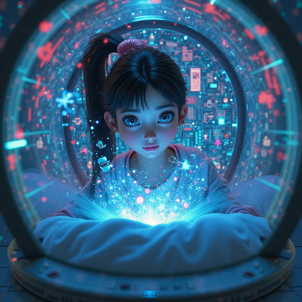 A hologram of a cute smiling 13yo girl is being generated on top of a black disk-shaped hologram generator. Super realistic texture hologram. The laser emitted from the device is partially visible. isometric