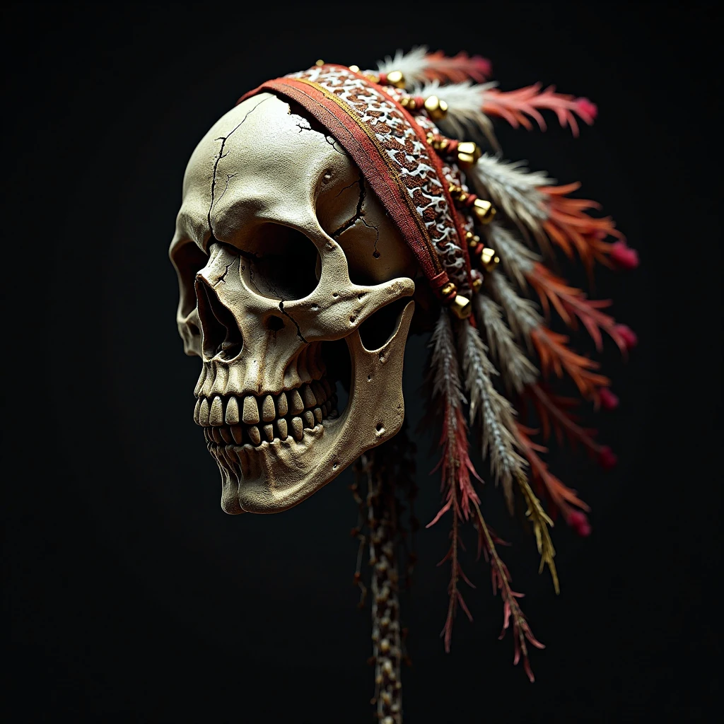 ral-3dwvz, a sunken skull with tribal symbols, looking at the camera, eye contact, symmetrical view, multicolored smoke in the background