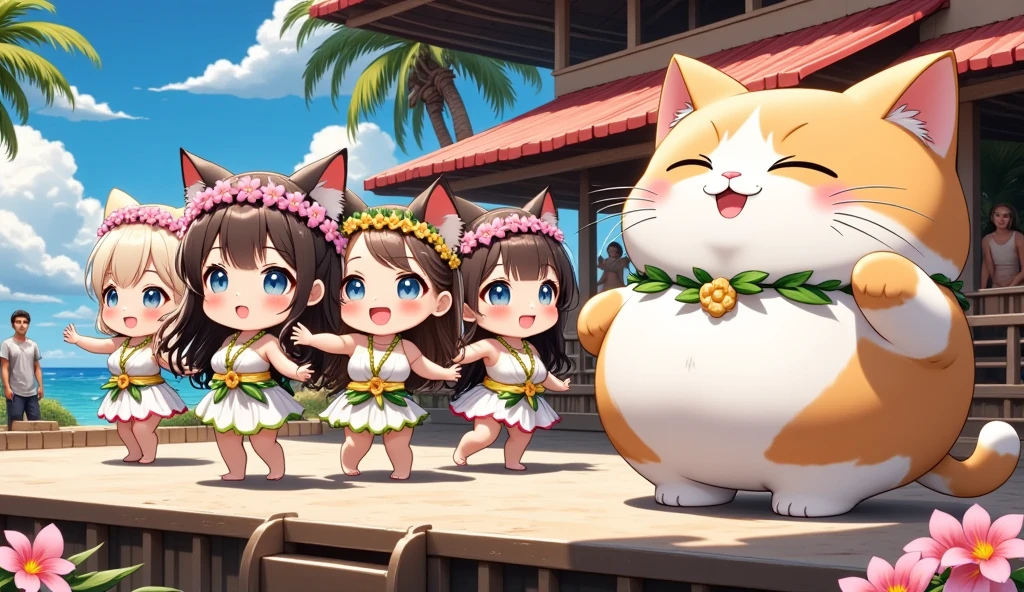 (ultra-detailed animated chibi anime), best quality, clear focus, dramatic scene, cinematic, (ultra-high resolution), perfect anatomy, perfect face, (detailed face), (detailed eyes), (chibi), there are row of girls\(chibi, famous Japanese chibi idol girl, hula dancer, very beautiful and cute but cool face, wearing a traditional Hawaiian outfit, medium breasts\) and cute giant fat cat\(male cat but hula dancer, wearing a traditional Hawaiian outfit, coconut shell bra, adorable giant fat cat, cute, mewing, happy, smile, detailed, detailed eyes\), (row of hula dancer girls and her giant chubby cat are dancing gracefully), on a special stage above the beach, special hula dance show on the decorated stage with professional lighting, surrounded by palm trees, capturing the essence of Hawaii