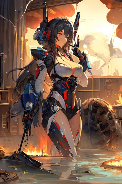 Semi-naked robot girl ,Metal bandages,Mechanical bikini bondage,Tightened,ropes,Giant laser cannon, Chinese symbol zzs, Mottled light and shadow of the old times
