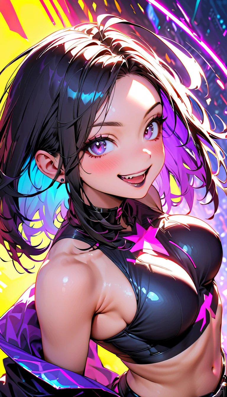 (black hair,colorful fluorescence multicolored  hair:1.5,wavy hair:1.5), (masterpiece, sidelights, exquisite beautiful eyes: 1.5), masterpiece*portrait, realistic, ((Colorful background of different colors:1.5)),(Gentle face:1.5),colorful,3D face,(cute face),front view: 1.6、 (glowing red eyes:1.2),(tareme:1.5)、(cute smile:1.5),,Slim Body, shiny hair, shiny skin: 1.5、medium breasts,、solo,(stand)、(plunging neckline:1.5)、(charactor focus:1.5、portlate、eye focus,cowboy shot)、bright atmosphere,intricatedetails