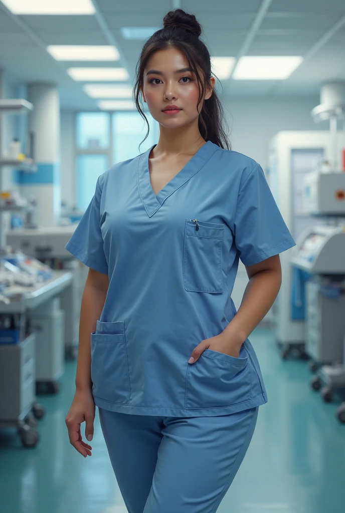 A Realistic Portrait, of a italian teenager girl, working as surgical nurse, 18 years old , , Beautiful, detailed face, detailed eyes, (realistic skin:1.3), (pale skin:1.1), (textured skin:1.3), (()), big smile, (iphone photograph), ), (artificial lighting:1.3), looking at the camera, perfect slim body, amateur Photography, Photorealistic, Detailed, analog, poor quality, grainy, , wide angle, showing full body and legs ,standing in medical change room, s short hair tied up as hair bun / Chignon , wearing ultra-soft tight dark teal surgical scrubs, scrub trousers and scrub top, maximum-dark green surgical scrubs, working in operation room, non-nude, showing full body and legs, leo