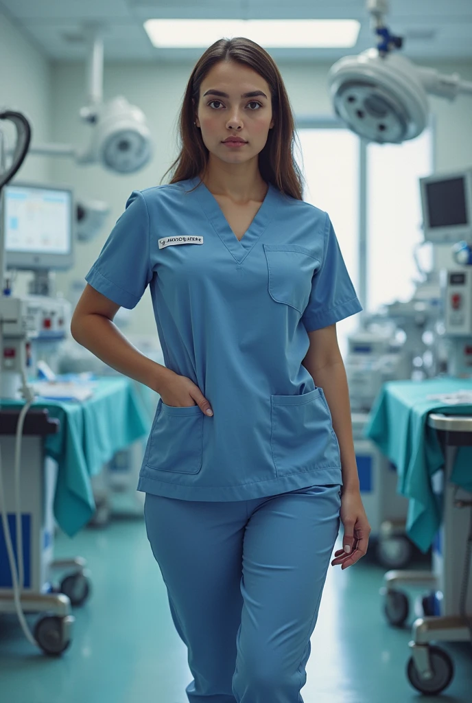Korean women,Beautiful,40 years old,thick bodied,tattooed white skin,big chested,big ass,thick thighs,seductive smile expression,black hair color in bun,brown eye color,dressed as a nurse,full body photo distance,dynamic point of view,wide open legs model pose,hospital room location,dim light,photo realism style