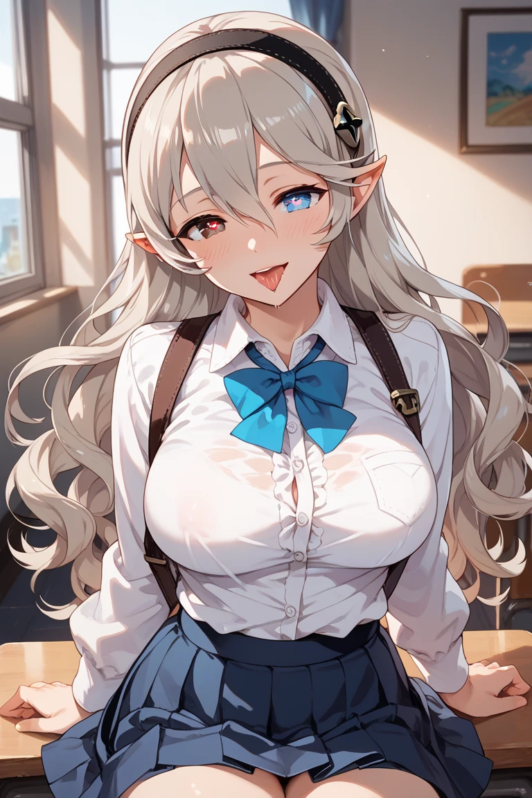 masterpiece,best quality,high resolution,1girl,solo,(ftont-view:1.3),(elf:1.2),(school uniform:1.4),(clothed:1.3),(silver hair:1.1),(twintails:1.1),(light blue eyes),(loli face and big boobs:1.2),(diminutive:1.3),(classroom)