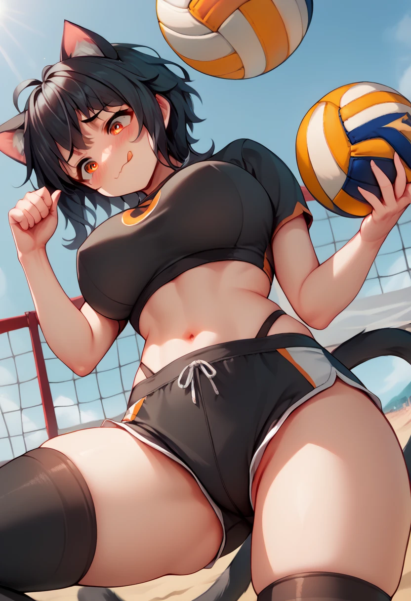 swift woman as Catwoman in a sinfully sexy beach outfit (breasts and butt over exposed) is playing volleyball on the beach
