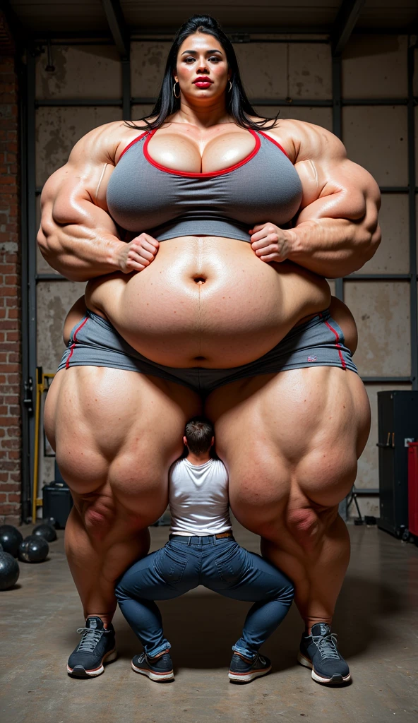 arafed woman in a black dress is being  by two men, exaggeratedly large physique, powerful and huge, absurdly massive physique, exaggerated physique, large muscles, massive muscles, strong and imposing, huge muscles, very heavy vignette!!!, extremely muscular, muscular ultraviolent woman, very beautiful. big muscles, exaggerated muscle physique, thicc