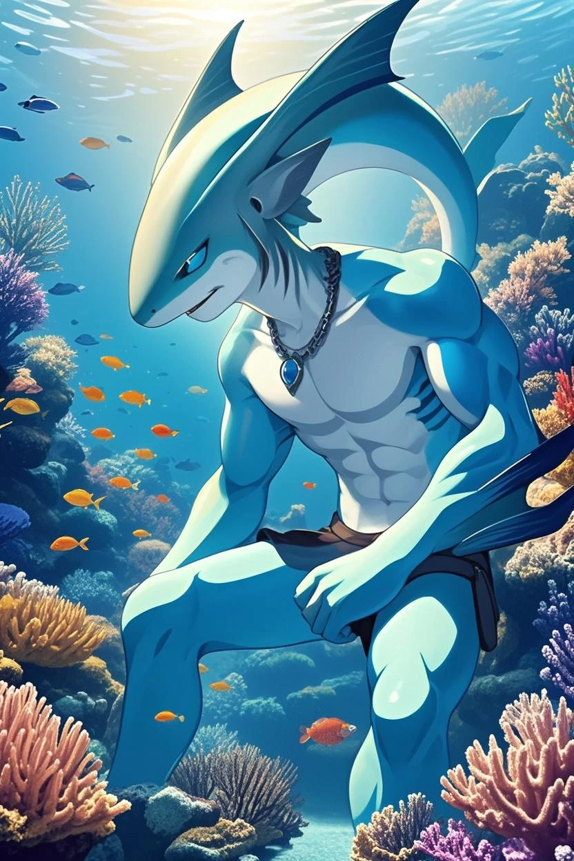 anthro, male sea dragon, blue body, handsome. (full nude,) night, loincloth, smile, blush, sweating, realistic, Undersea, swiming, A floating pose, Under the Cloth erection,
