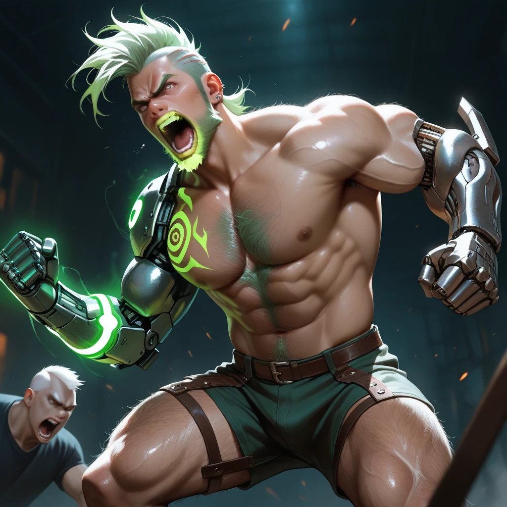 A pale white man with white hair whose muscles and features seem painted on or drawn on, his eyes glow with purple, orange, and green. He looks like a cartoon