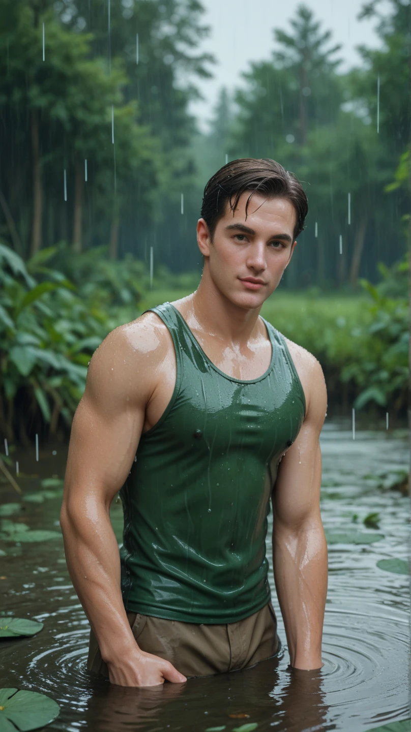 photorealistic,shirtless muscular man, wet body, sinks into a mud pit partially,