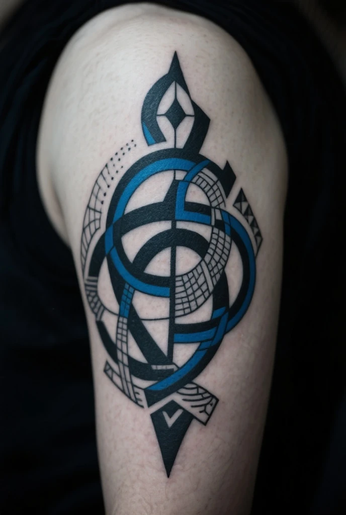 Tattoo on the arm of a Nordic woman in gray scale with a blue eye with Nordic symbols and landscape behind