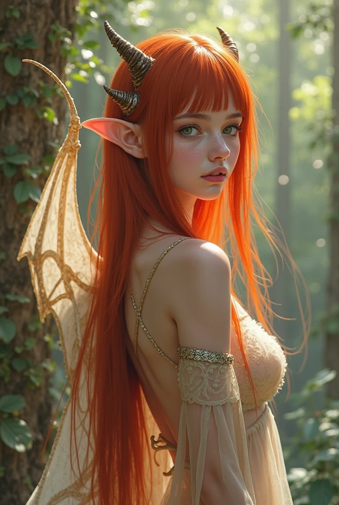 sexy young ager elf princess with pale white skin and red hair and yellow eyes, wearing a see-through white and orange dress, in a moonlit forest ((in the night)), ((dark nightsky)). high quality. masterpiece. glowy. breasts exposed, breasts revealed. crotch exposed, crotch revealed. ((pubic hair)). ((wet, sweating))
