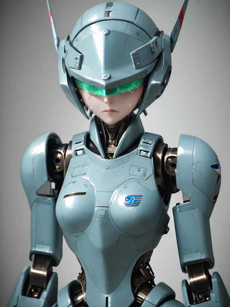 Very cute human 8 year old girl face, doll-like body with robot arm, robot waist and legs, very cute and feminine, short, , small, full hip, medium bust, tight-fitting white armor, cleavage, flat belly visible, helmet with antenna, robot joint, very stylish, Black rubber bodysuit with zipper