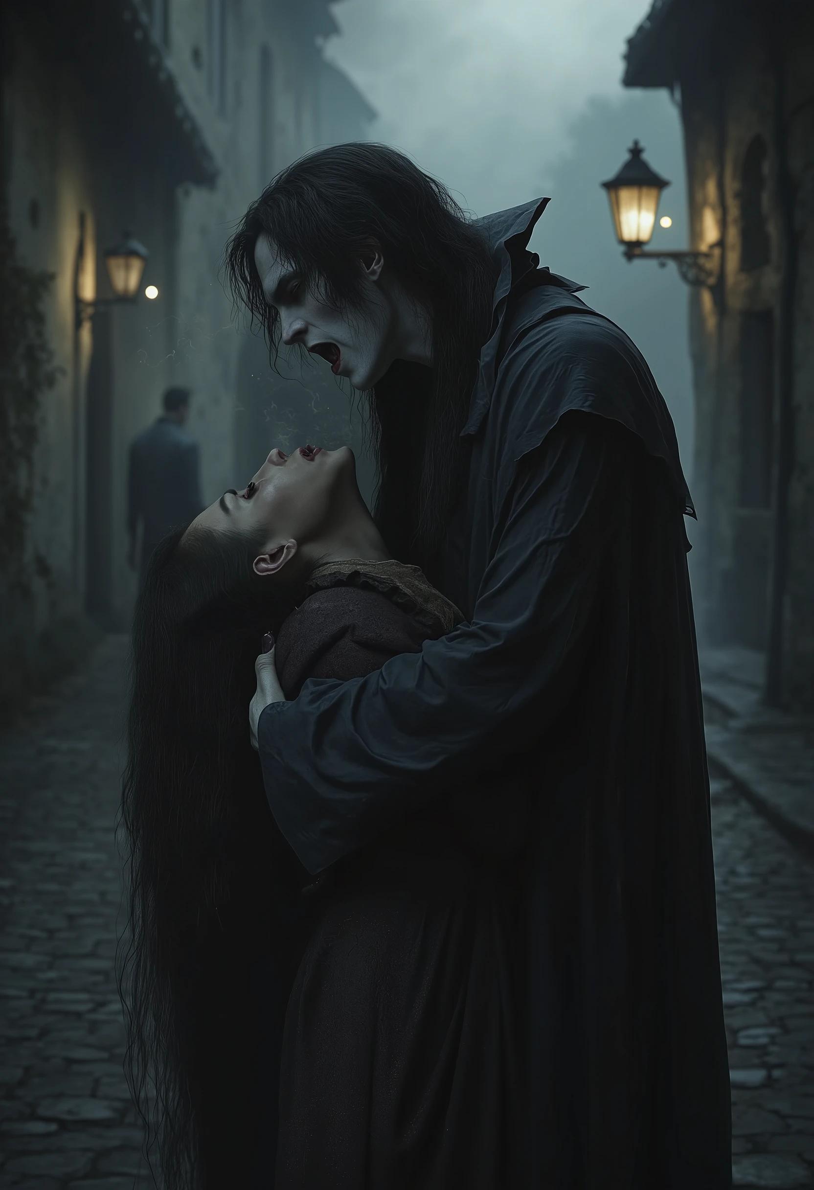 a young vampire with long hair in medieval times biting the neck of a woman. Darkness and haze in the city of ancient France