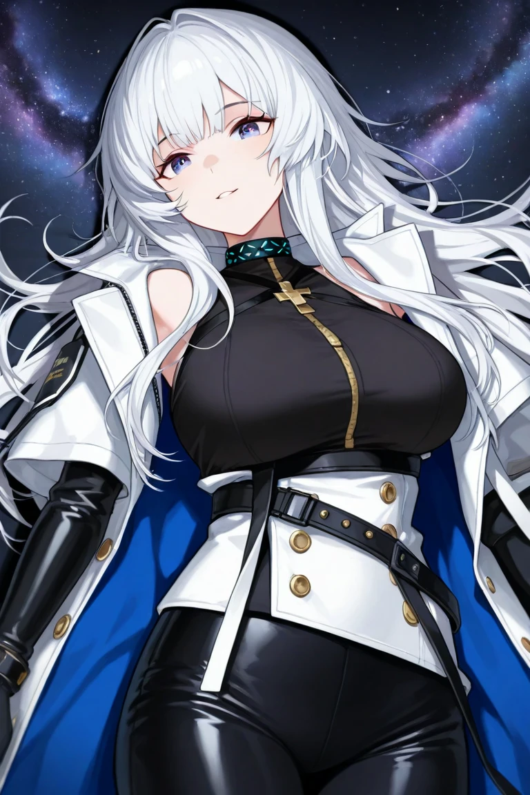 Anime, 1 girl, solo, kimtag, Sovetsky Soyuz, Sovetsky Soyuz's hairstyle, white hairstyle, busty, firm chunky body, white military's uniform, large heavy mechanical arms, BLUE eyes, serious