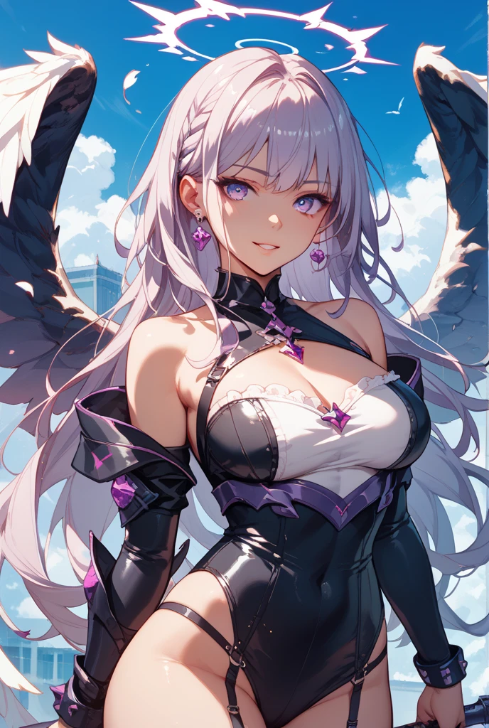 top-quality、​masterpiece、超A high resolution、(Photorealsitic:1.4)、Raw photo、Powered Suit Angel、large wings made of metal、White porcelain body、Acrylic Clear Cover、white  hair、glowy skin、1 Powered Suit Girl、((super realistic details))、portlate、globalillumination、Shadow、octan render、8K、ultrasharp、character edge light,Colossal tits、Raw skin is exposed in cleavage、Details of complex ornaments、Sumerian details、Hydraulic cylinder、Small LED lamp、highly intricate detail、Realistic light、a purple eye、radiant eyes、Facing the camera、neon details、cowboy  shot、Futuristic headgear、The background is a steampunk city、、