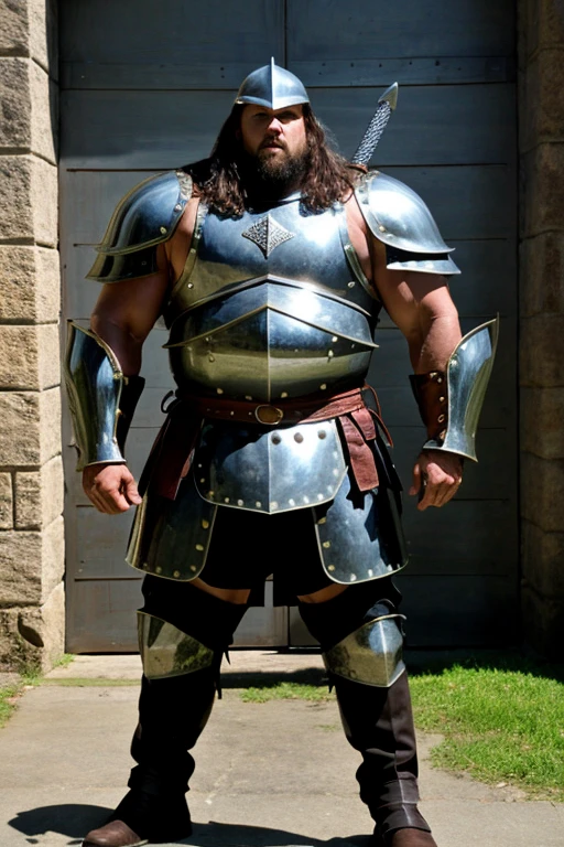 old man knight, wearing silver armor, revealing armor, castle background, muscular, wearing armor, nice bulge, wearing armor and a thong, sweaty body, golden hour, latex,