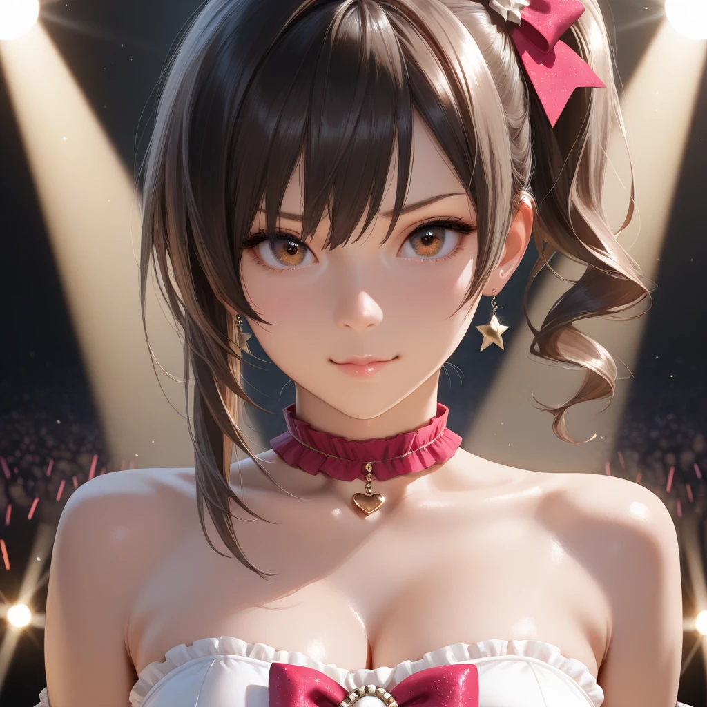 one girl, staring at the audience, beautiful pink eyes, brown hair in short twin tails, mole under eye, plump glossy lips, heart shaped choker, idol, her name is Mei, smiling, . . . 3D, realistic, idol's costume was drenched in heavy rain, her chest was wet and see-through, heavy rain at outdoor concert, draped clothes, jewelry and decorations removed, floral patterns, lace trim, glittering on stage, masterpiece, best quality, 8k, detailed skin texture, detailed fabric texture, beautifully detailed face, intricate details, highly detailed, ultra high resolution, 8k Ultra HD, film grain, best shadows, delicate, staring at the audience, front