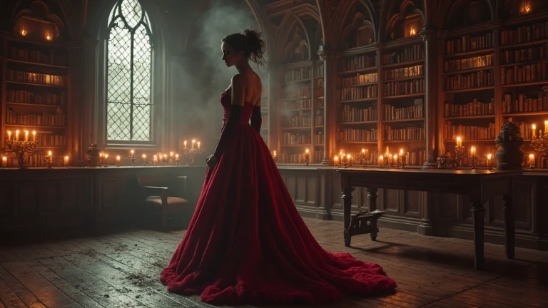 (medium full shot) of  (angelic demon) young woman, (Sleek obsidian horns curling sharply), arabian, green eyes, tan skin, curvy, tan skin, glowing red eyes, Medium, extra long hazel double buns hair,  wearing Elegant burgundy gown with off-the-shoulder sleeves, patterned stockings, high-heeled boots,  set in  Library of Lost Souls, Shadowy labyrinth of towering bookshelves, ancient tomes bound in human skin, flickering candles illuminating dusty manuscripts, whispered secrets echoing through the aisles, the scent of decaying parchment lingering in the air , at sunset, surprised, open mouth, running toward the viewer, Masterpiece,best quality, photorealistic, amazing quality, very aesthetic, extremely detailed face,