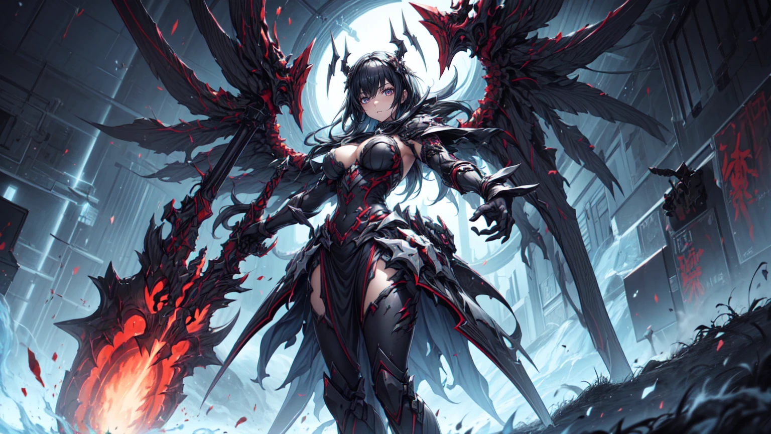 uma mulher com chifres e uma espada em frente a uma fogueira, arte de estilo fantasia escura, arte de fantasia detalhada, menina anime demon, Vilania tem asas de anjo negro, arte de fantasia sombria, epic fantasy HD art style, angel knight gothic girl, Epic fantasy art style, por Yang J, raven winged female vampire, Succubus bonito, arte de fantasia de anime